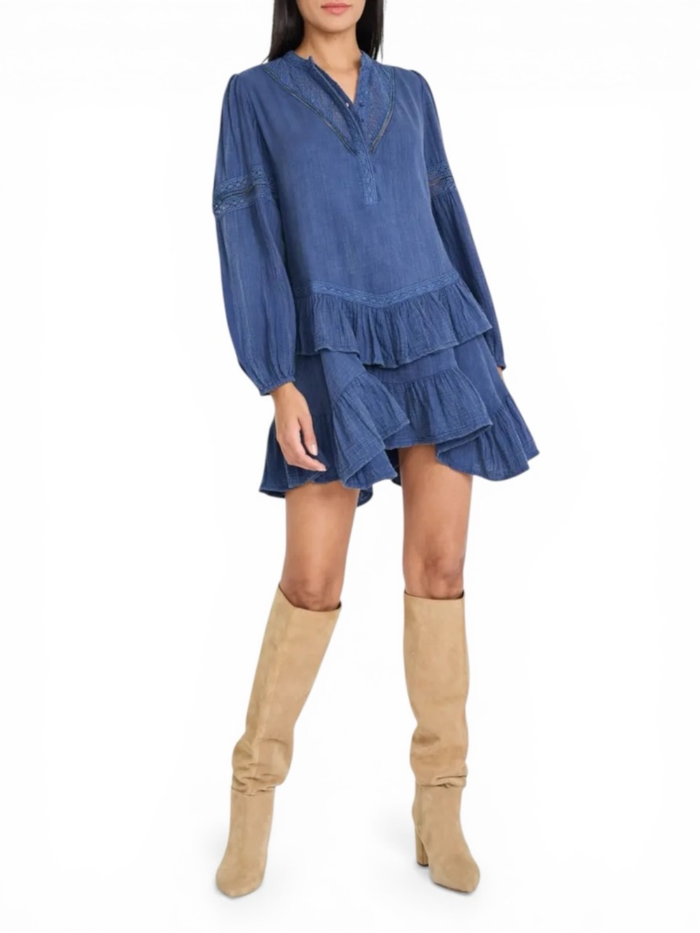 Free People Dress Women Blue Size M Long Sleeve Ruffle Lace Trim Mini NWT - Picture 4 of 8
